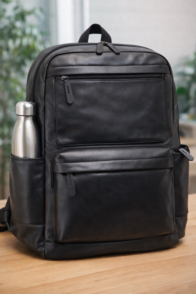 Sleek and modern, this structured black faux-leather backpack features multiple zippered compartments and a spacious interior, making it perfect for work, school, or everyday travel. 