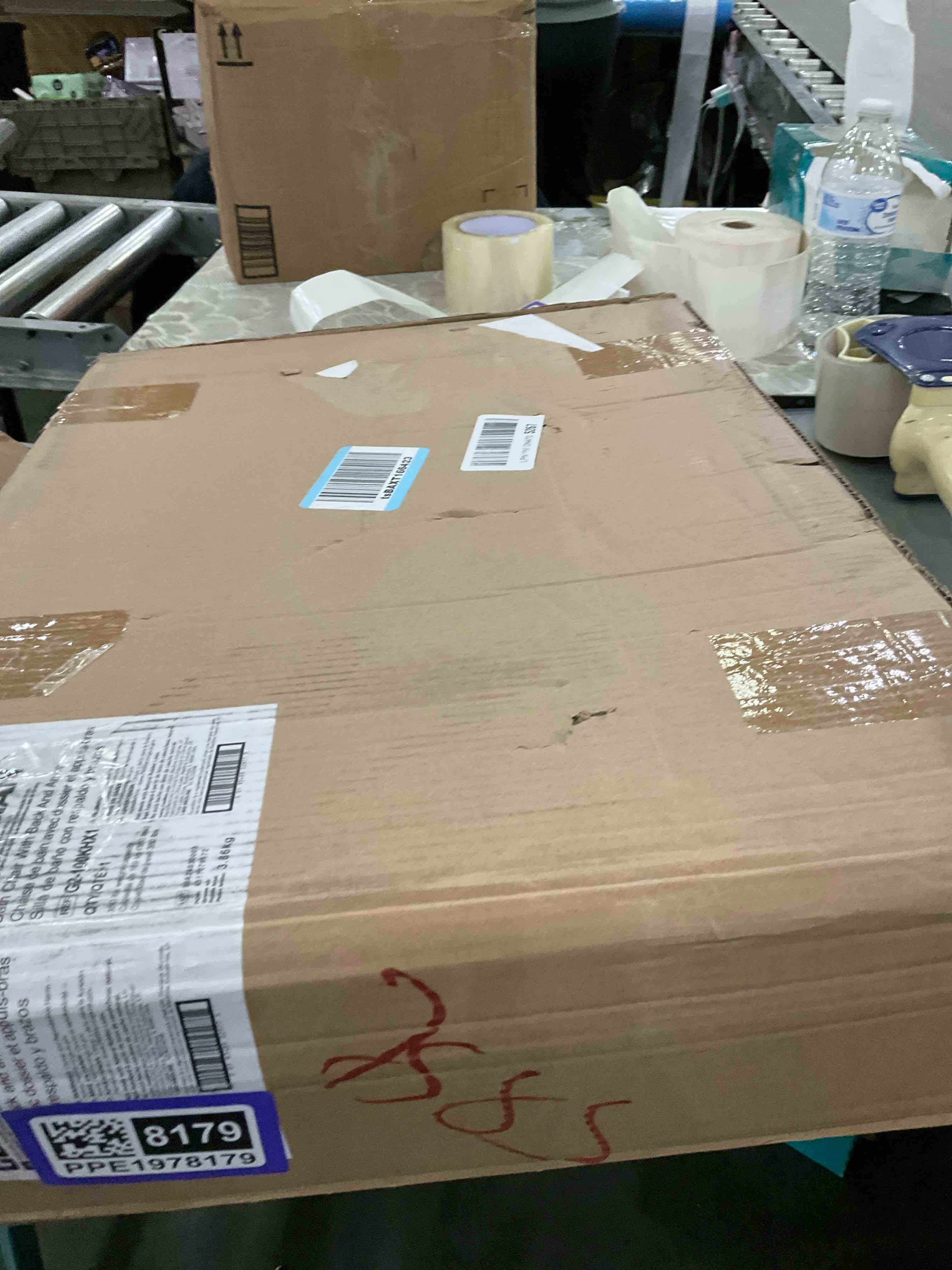 Condition photo showing New/Like New for medline shower chair with back and padded arms, bath seat with removable back, supports up to 350 lbs, gray