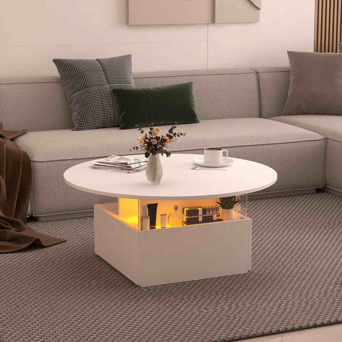 Emilly 16''H Acrylic Storage Round Small Coffee Table With Led Light, White By Ivy Bronx