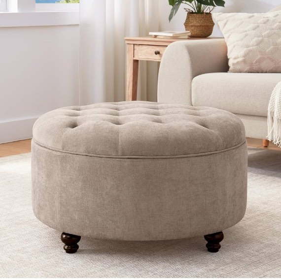 HUIMO 30-Inch Round Storage Ottoman, Modern Button Tufted Coffee Table with Removable Top, Upholstered Ottoman with Storage Footrest Stool for Living Room, Bedroom and Office(Brown)