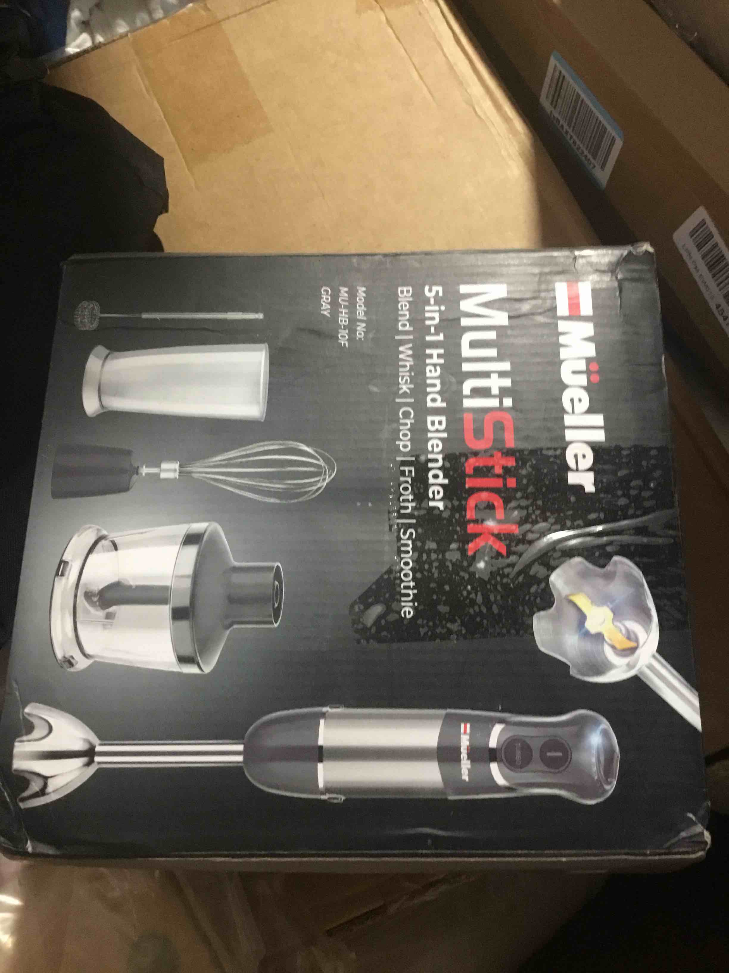 Condition photo showing Good Condition for Mueller Multistick 5-in-1 Immersion Blender Handheld,12 Speed Hand Mixer-Turbo Boost,Heaviest Duty Copper Motor,Titanium reinforced Blades Hand Blender,Milk Frother Wand,Whisk,Beaker,Chopper,Grey