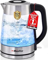 Mueller Rapid Boil Electric Kettle 1.8L – Borosilicate Glass & Stainless Steel – BPA-Free Tea Kettle, LED Light, Auto Shut-Off, Boil Dry Protection Water Heater – Fast Heating, Kitchen Appliances