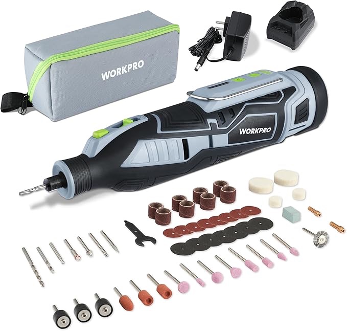 workpro 12v cordless rotary tool kit, 5 variable speeds, powerful engraver, sander, polisher, 114 easy change accessories, craft tool for handmade and diy