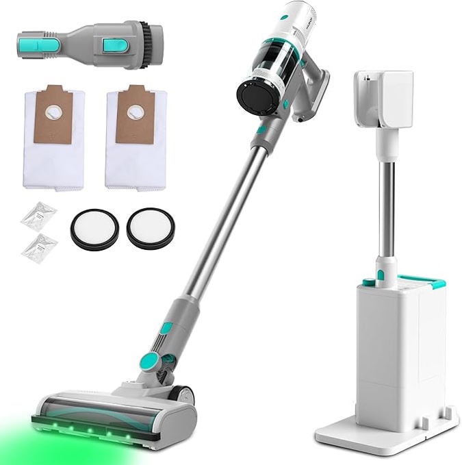 haushof cordless vacuum cleaner with auto empty station | 250w motor, hepa filter, anti-tangle brushroll, stick vacuum for pet hair, hardwood floors, carpets