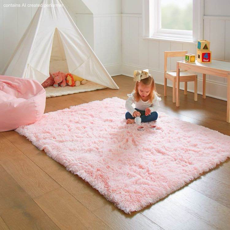 ophanie pink fluffy rug 4x6, kawaii shag area rug for girls