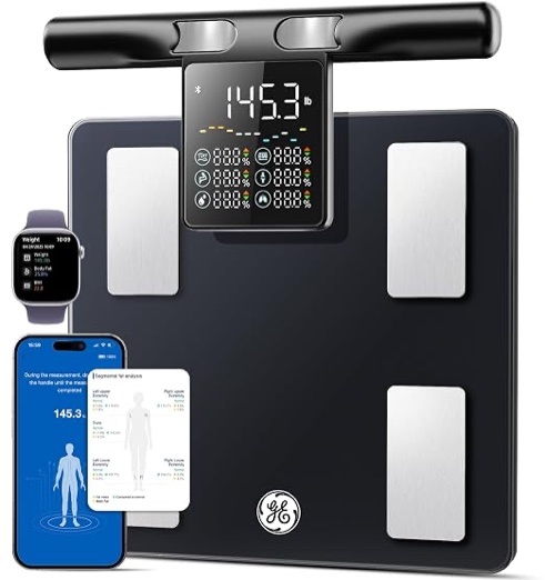 ge smart scale for body fat with bmi muscle mass, 5.3-inch handle display | 8-electrode weight scale, full body composition analysis, for bathroom and gym, 50+ metrics, bluetooth app sync, black
