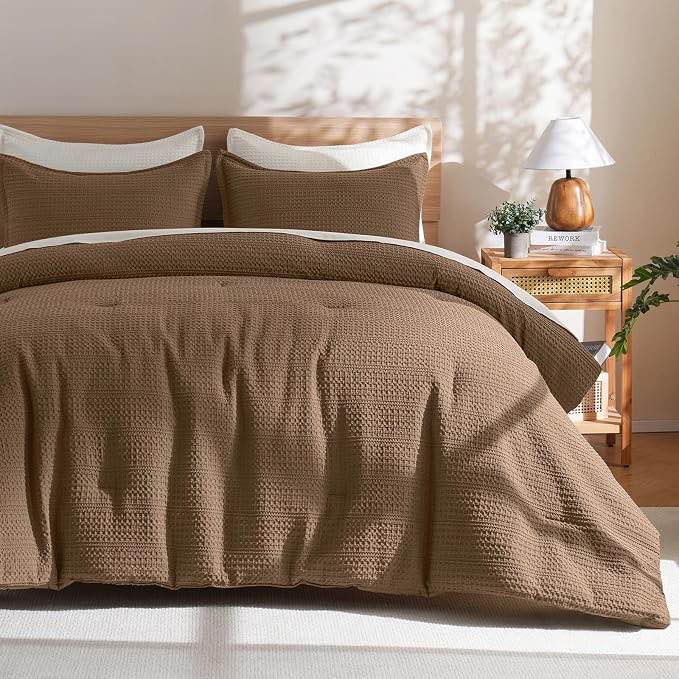 phf soft waffle comforter set king size- comfy breathable waffle weave comforter with 2 pillow shams, 3 pieces less snagging lightweight textured bedding set for all season, mocha (missing pillow cases)