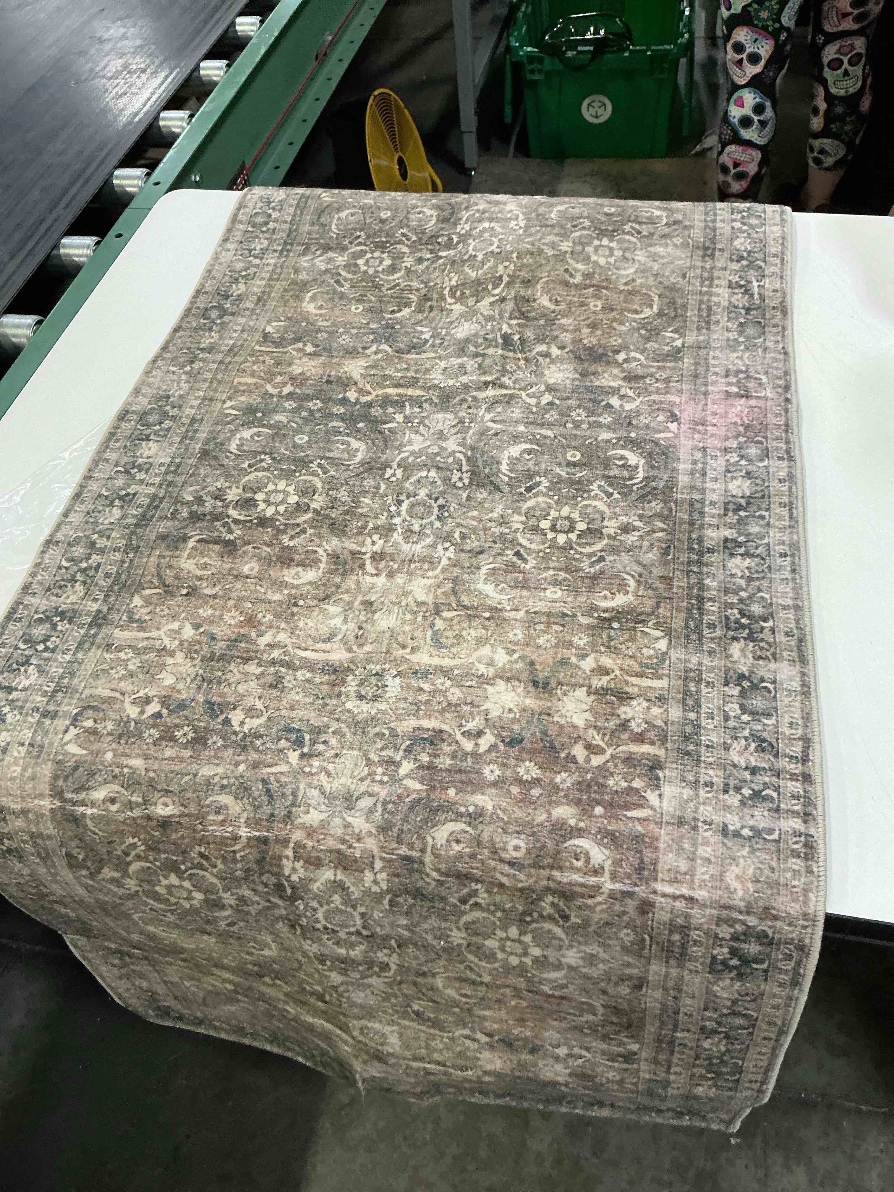 Condition photo showing As Is for antique/moss distressed oriental printed runner rug featuring an old-world, faded floral medallion pattern 2’x6’
