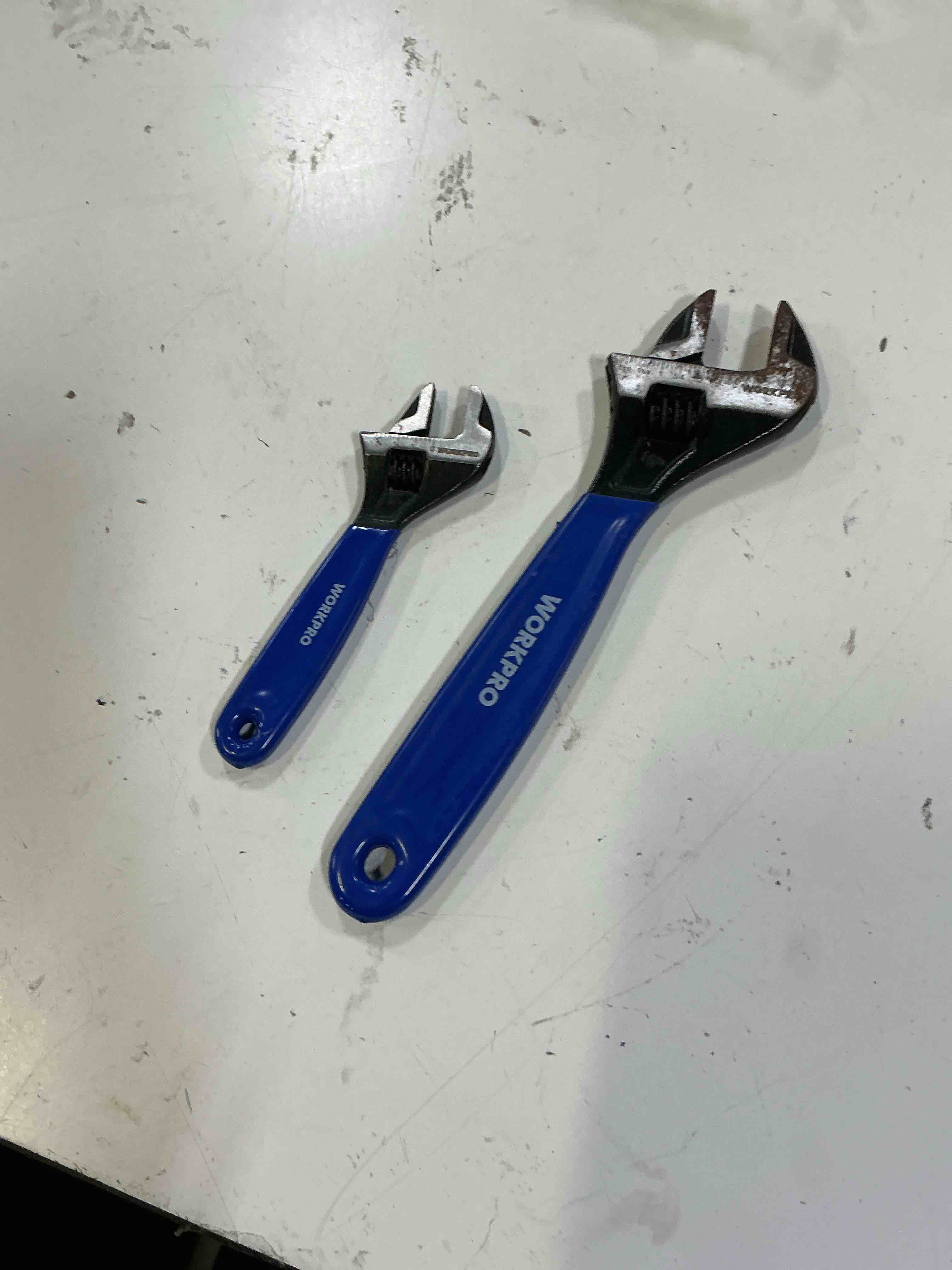 Condition photo showing Good Condition for workpro 2-piece adjustable wrench set, 6-inch & 10-inch wide jaw wrenches | black oxide wrench, cr-v steel, metric & sae scales, max jaw opening 15/16" & 1-5/16", for home repair, plumbing, garage work