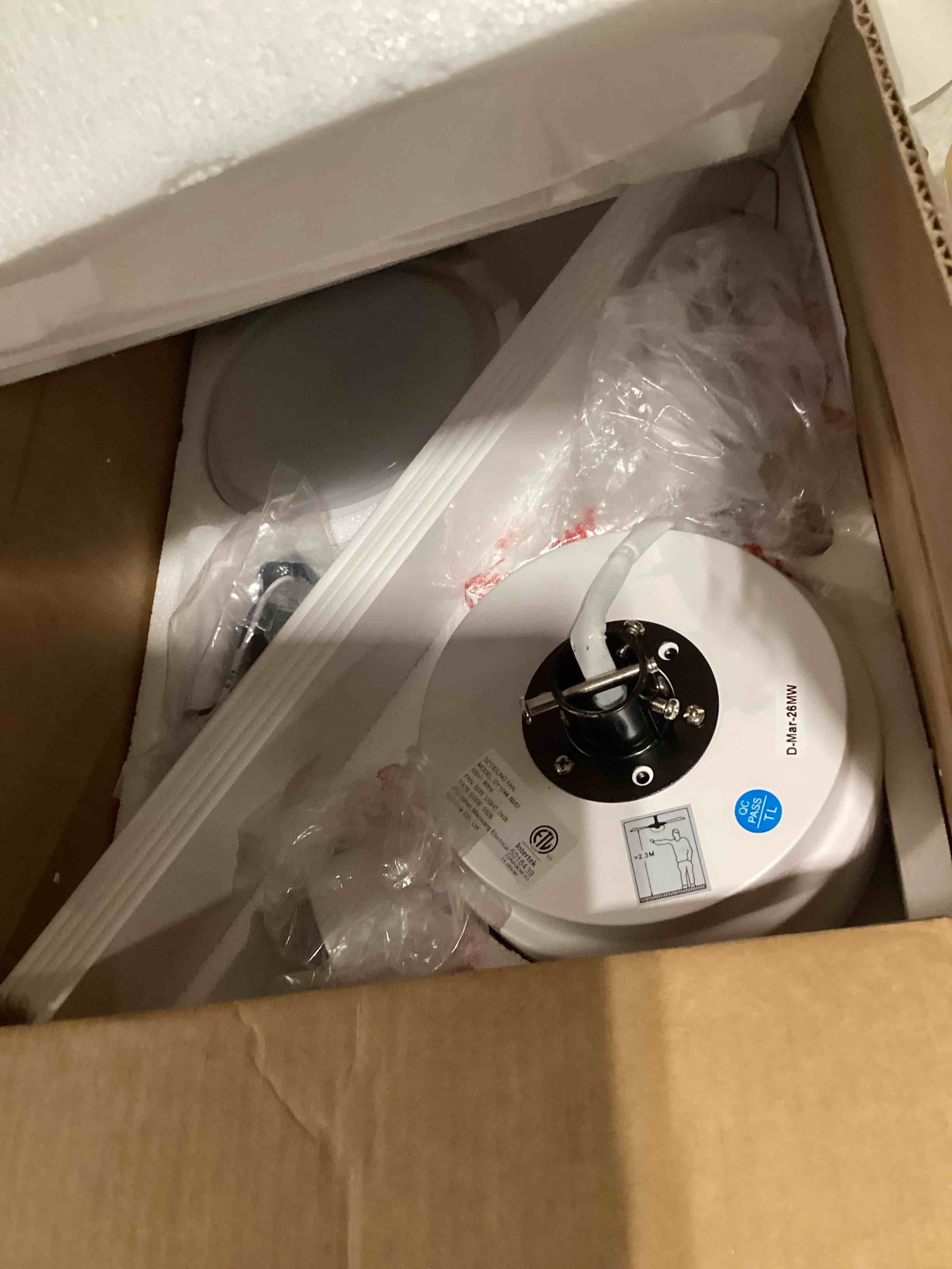 Condition photo showing As Is for 52 inch white ceiling fan with light and remote control,dimmable 3 color temperatures led ceiling fan,6 speeds reversible dc motor,5 blades modern ceiling fans for indoor or covered outdoor 52 inch-white