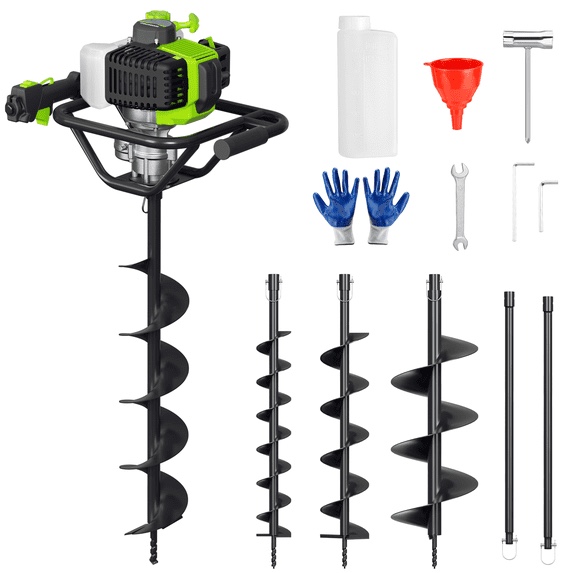 workpro gas powered earth auger system, 62cc 1600w post hole digger with 4", 6" & 8" auger bits and 2 extension rods (incomplete box 1 of 2 only)