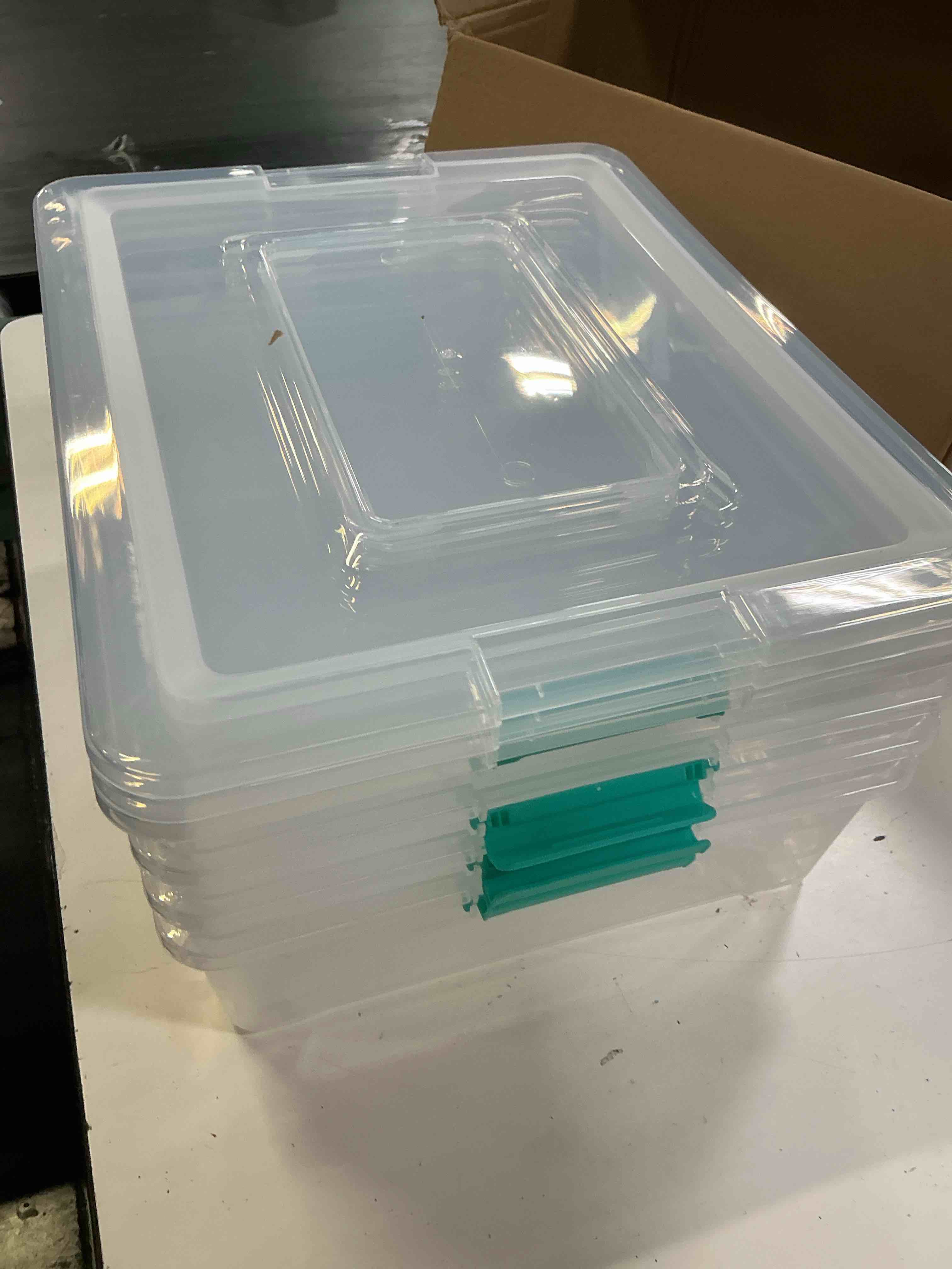 Condition photo showing New/Like New for novelinks 10 quart clear plastic storage containers with lids (4 pack) | storage bins with lids, stackable small clear bins, craft storage box, paper storage, under bed storage bins, pencil box