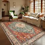 lahome boho tribal area rug - 9x12 large dining room rug soft living room mat, vintage washable indoor floor throw carpet for bedroom powder room nursery playroom home office apartment decor,rust