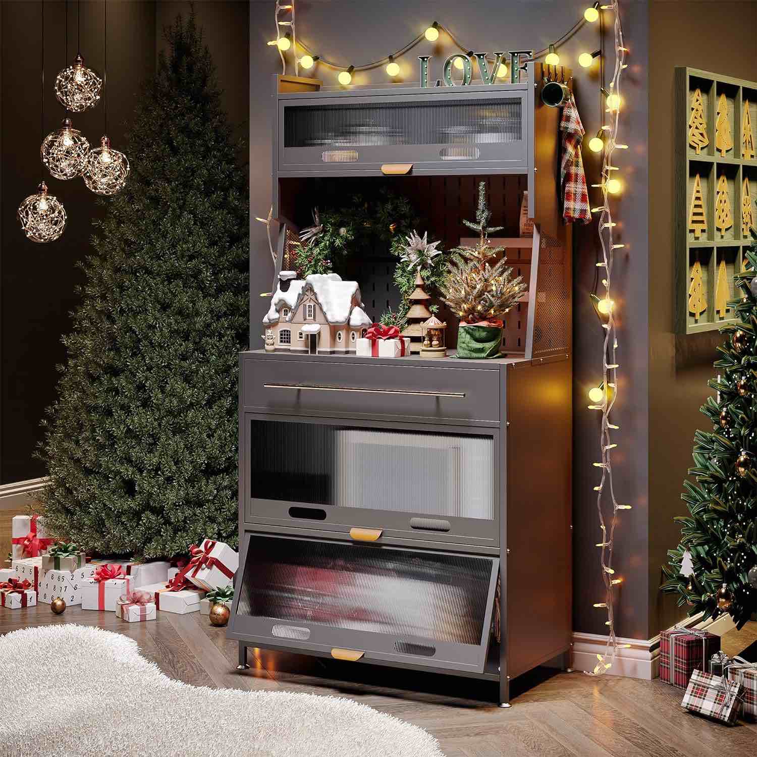 NETEL Coffee Bar Cabinet with Drawer,Bakers Rack,Microwave Stand/Cart,Transparent Flip Switch Door Design,DIY backplane Creative,with of Brakeable Casters,for Kitchen,Dining Room,Living Room