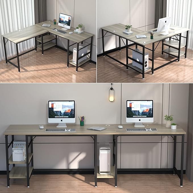 JSungo L Shaped Desk with Storage, 95 Inch Gaming Table for Small Space, Long Writing Table for 2 Persons for Home Office, Study Worktation with PC Shelves and Hook, Grey Oak