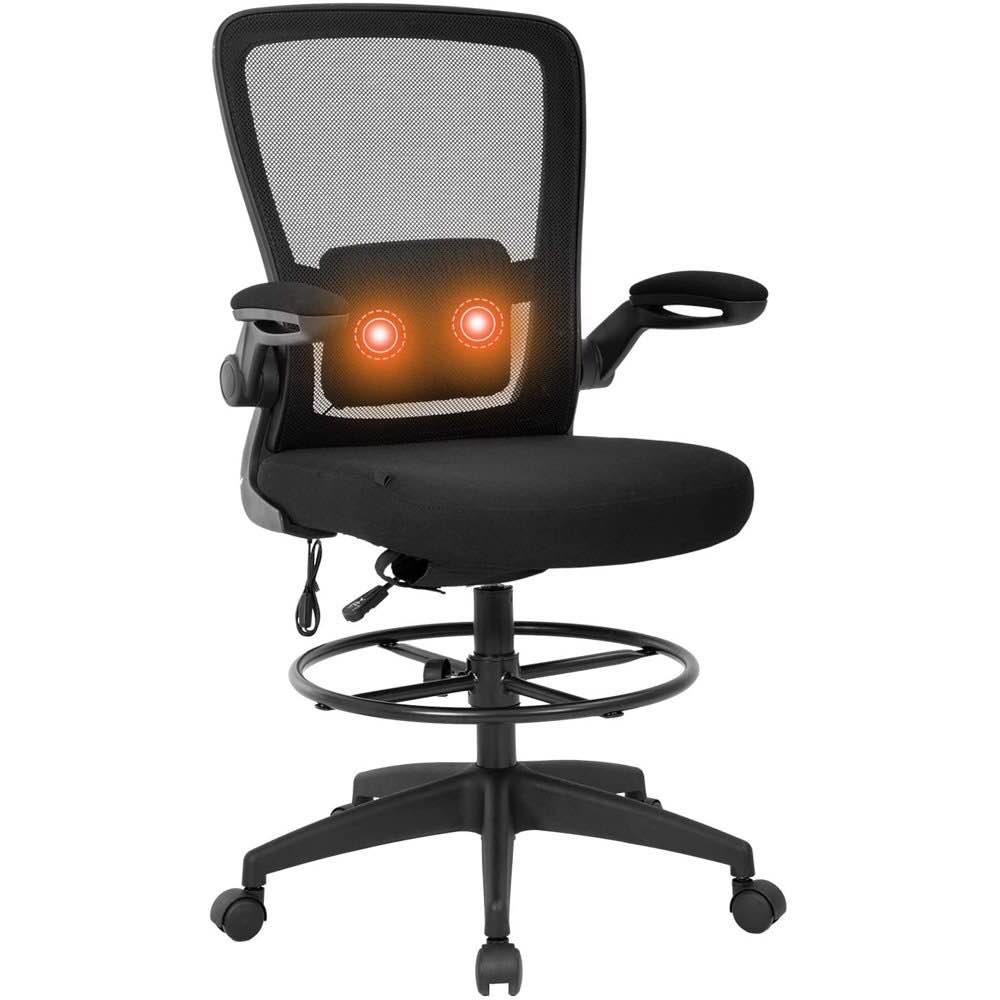 Best Office Drafting Chair Tall Office Chair Adjustable Height with Lumbar Support Flip Up Arms Footrest Task Mesh Desk Chair Massage Computer Chair Drafting Stool for Standing Desk(Black)