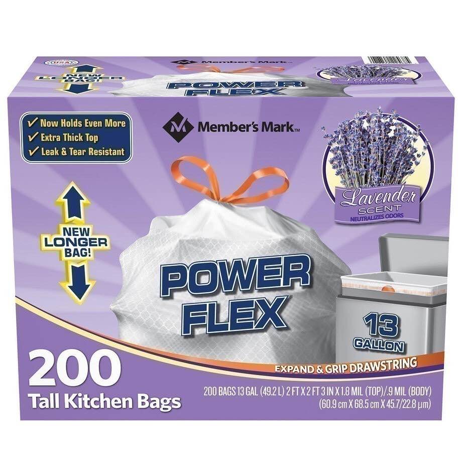Member's Mark Power Flex Tall Kitchen Drawstring Bags (13 Gallon, 200 Count)