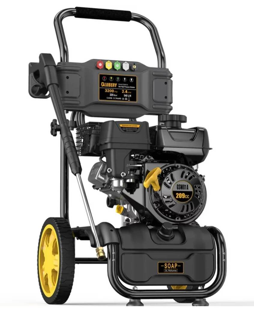 BLUBERY 3200 PSI Gas Pressure Washer, 2.4 GPM High Power Washer, 25 Ft Pressure Hose&Soap Tank, 5 No