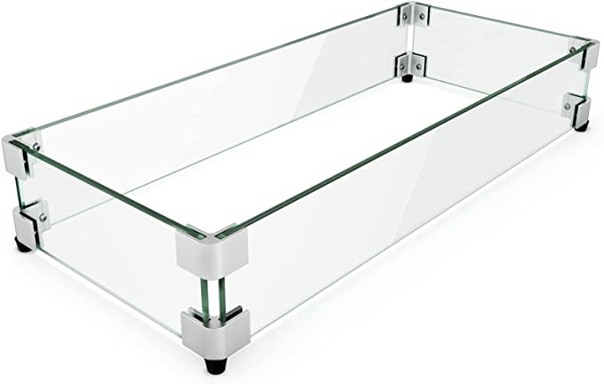 19 x 6 Inch Glass Wind Guard for Rectangular Fire Pit Table, Thick and Sturdy Tempered Glass Panel with Hard Aluminum Corner Bracket & Rubber Feet, Easy to Assemble