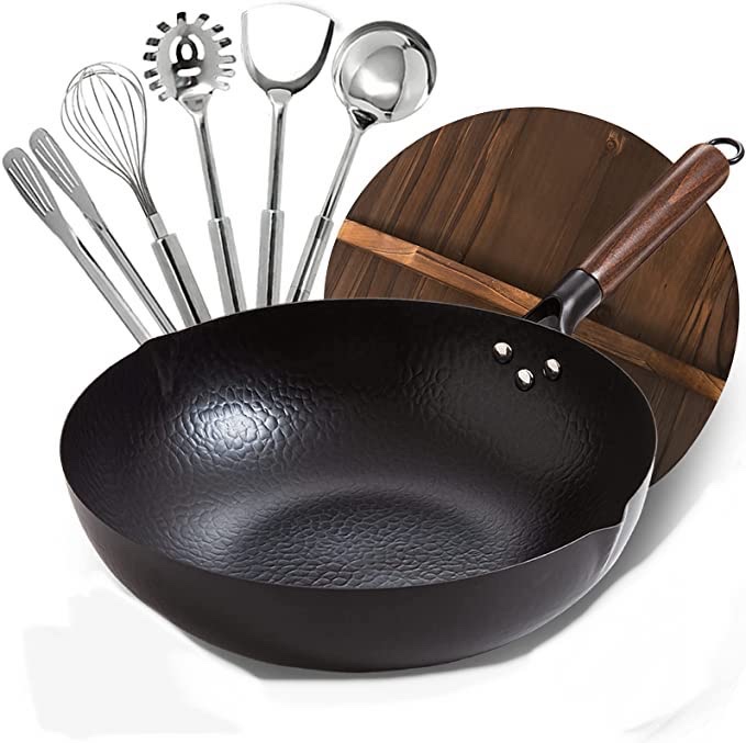 Wok Pan, 13" Carbon Steel Wok with Wooden Handle And Utensils 