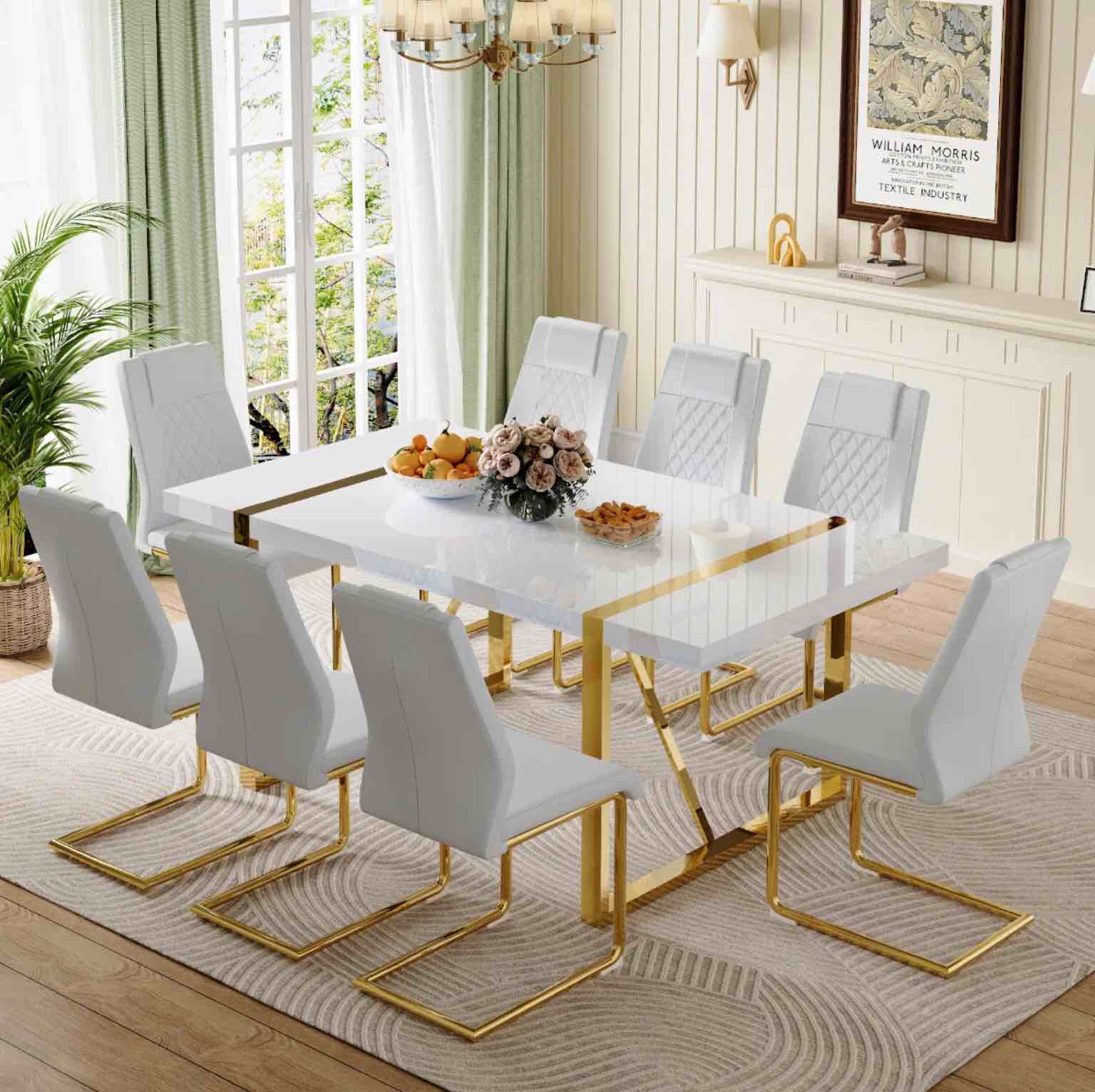 Neithen 8 - Person Dining Set, Modern Rectangular Dining Table Set with 8 Luxury Faux Leather Dining Chairs