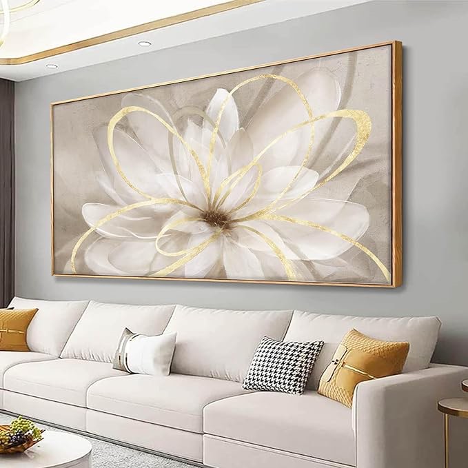 SOUGUAN Room Decor Large Canvas Wall Art Living Room Decor Gold Wall Decor Line Picture Artwork White Floral Wall Decor Modern Painting for Bathroom Bedroom Office 30x60 Inches