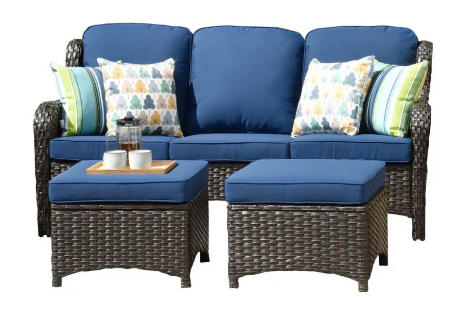 Ovios New Kenard 3-Piece Woven Patio Conversation Set with Blue Cushions NTC700K-1AA