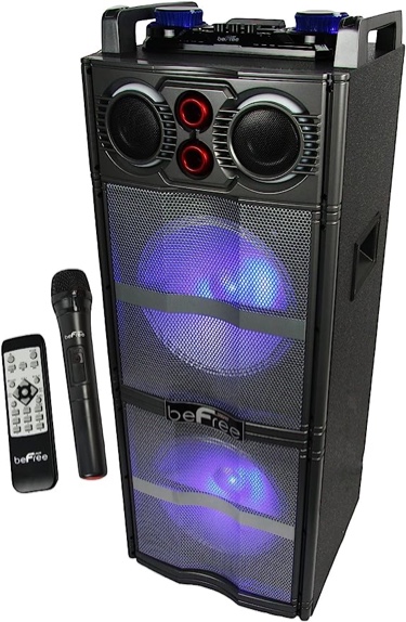 beFree Sound BFS-5501 Double Subwoofer Bluetooth Portable Party Speaker with Reactive Lights, USB/SD Input, FM Radio, Remote Control and Microphone, Blue