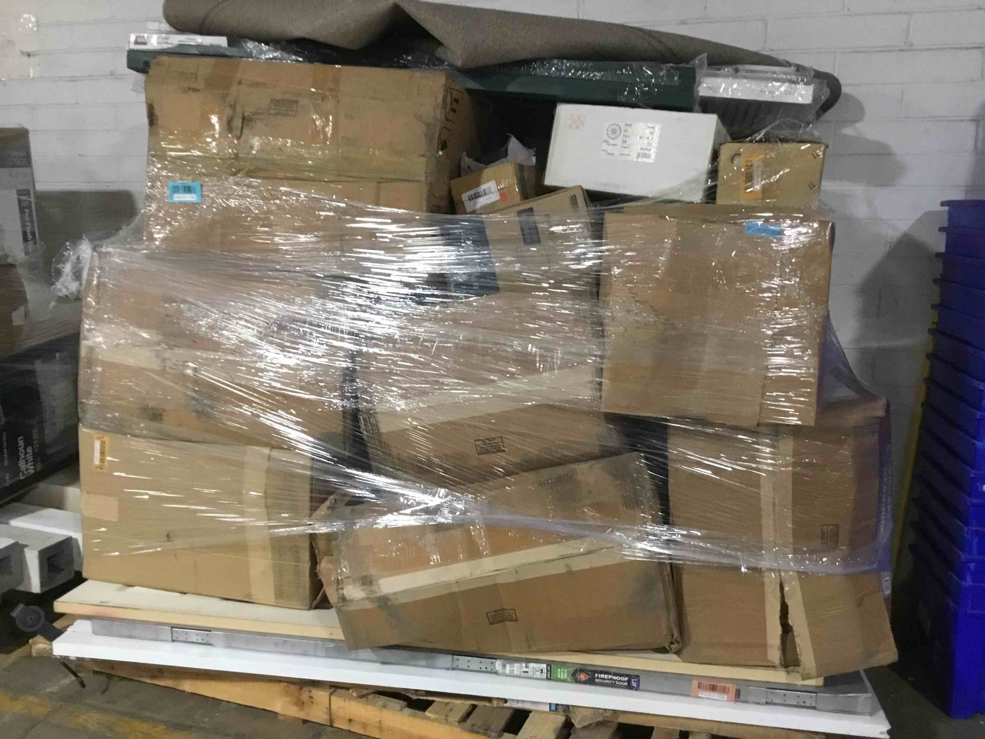 Handyman Pallet Lot, Includes Doors, Bathroom Vanities, Shutters, Area Rug, Car Rims, Toilet And More