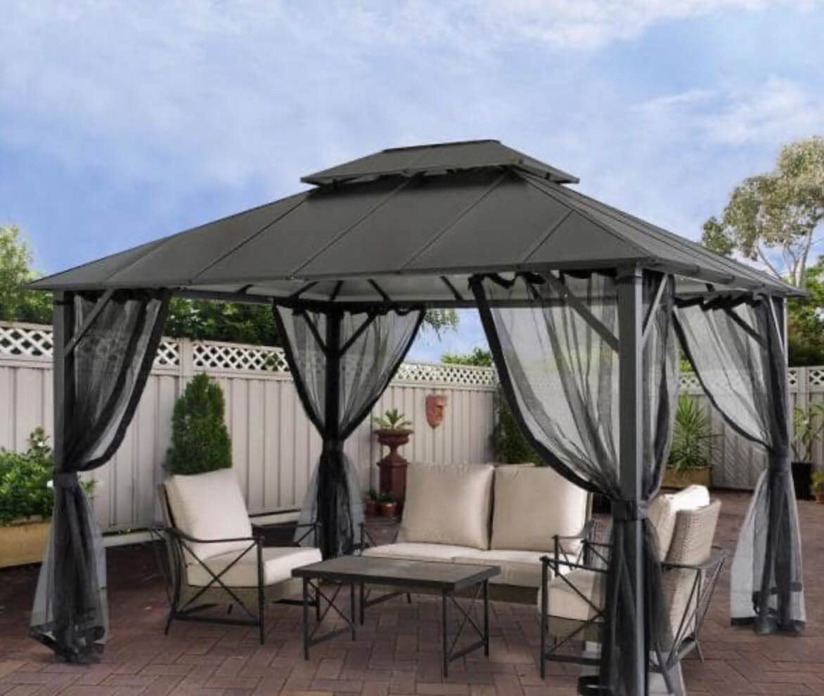 12 ft. x 10 ft. Insulated Aluminum Outdoor Patio Gazebo with Double Roof and Netting