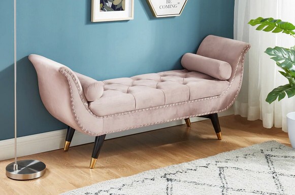 Asia Direct 5312-PK Mercer 41 Arapahoe pink velvet upholstered tufted bedroom entry bench with nail head trim