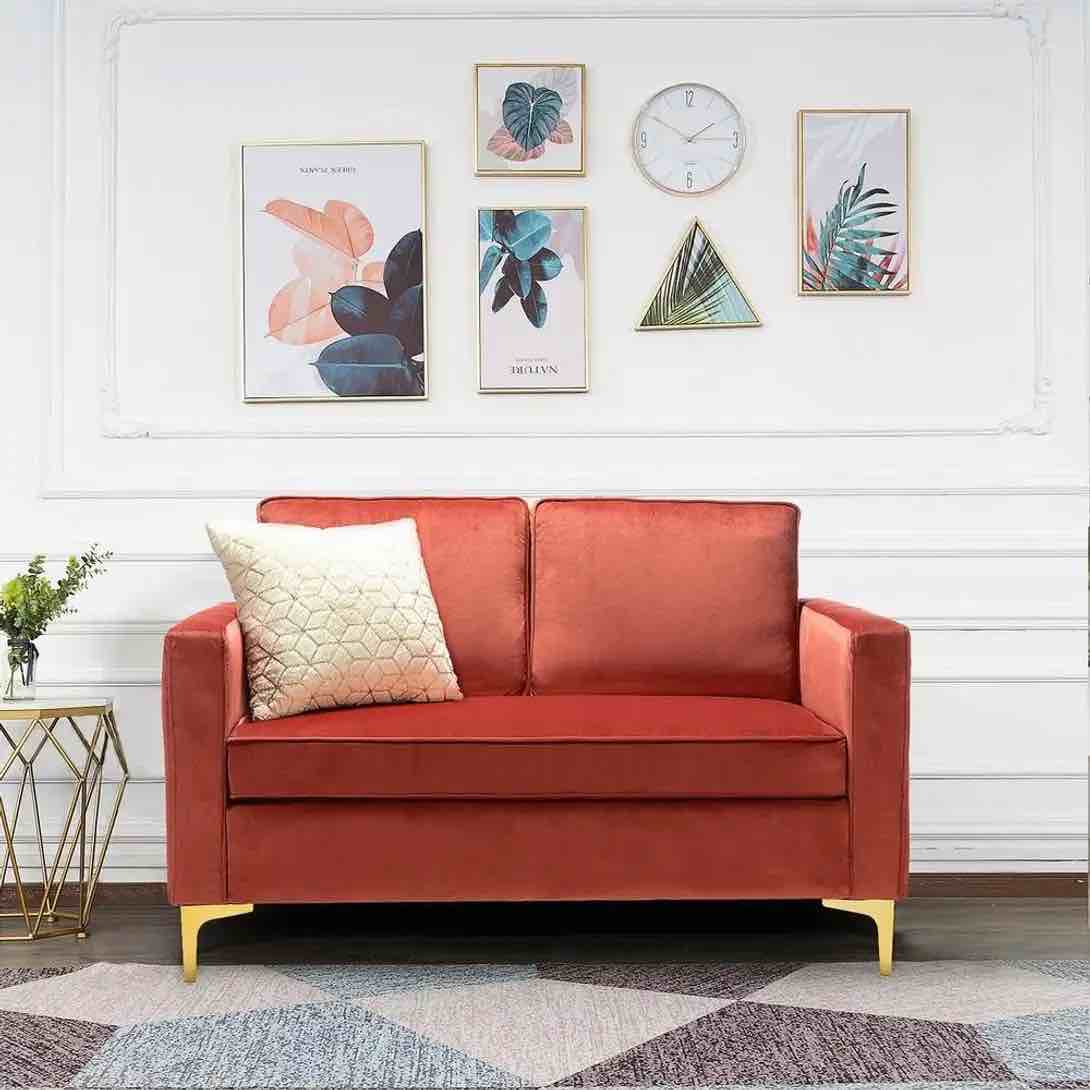 Jayden Creation Belinda 51 In. Rust Velvet Loveseats With Golden Base