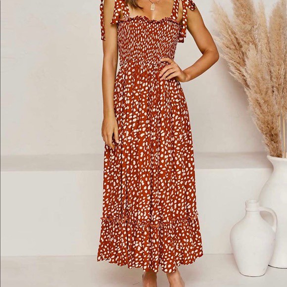 Lucien Hanna Women's Summer Tie Straps Cotton Sleeveless Irregular Polka Dot Ruffles Midi Dress