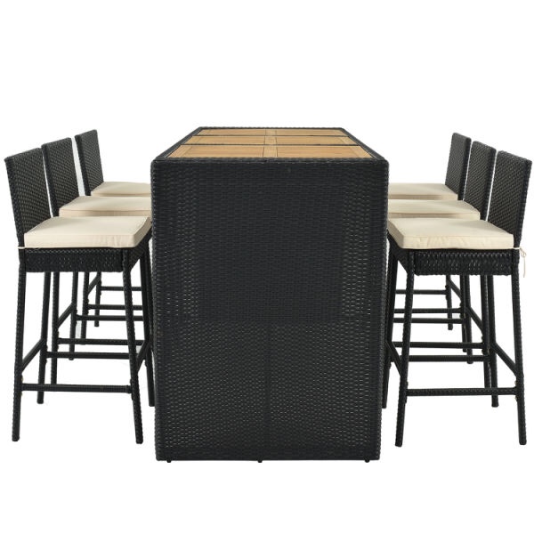Outdoor Patio 7-Piece Rattan Dining Table Set, PE Wicker Bar Furniture Set with Wood Tabletop and 6 Dining Chairs for Backyard, Garden, Black Rattan+Beige Cushion ((incomplete box))