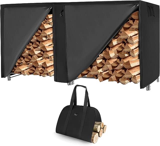 8 Ft Outdoor Indoor Firewood Log Rack with Cover and Tote Bag Combo, Waterproof Wood Storage for Fire Wood Stand Heavy Duty Log Holders for Inside Fireplace, Black
