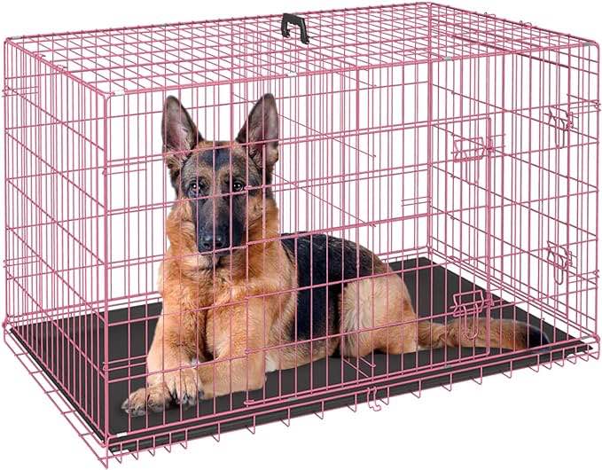 Dog Cage Pet Crate for Large Dogs Folding Metal Pet Cage Double Door W/Divider Panel Indoor Outdoor Dog Kennel Leak-Proof Plastic Tray Wire Animal Cage (Pink, 48 Inch)