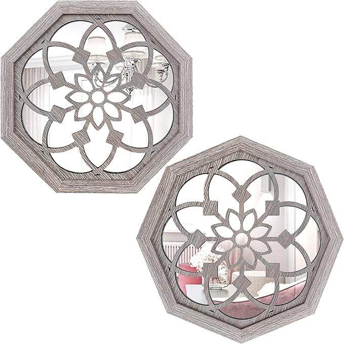 ZOLAPI 2 PCS Octagon Wall-Mounted Mirrors,Vintage Farmhouse Mirror for Wall Decor,Barn Wood Color Decorative Accent Mirror for Foyer, Bathroom, Bedroom. 