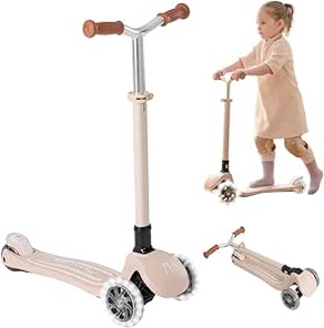MomnLittle Foldable Kids 3 Wheels Scooter(Pink/Beige/White) with LED Light-Flashing Wheels Adjustable Handlebar Height for Boys Girls