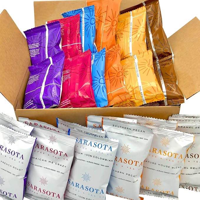 Sarasota Coffee Packets, Assorted Variety Coffee Packs, Gourmet Ground Coffee Sampler, Medium, Dark, & Flavored Coffee Variety, Single Pot Bags for Drip Coffee Makers, (2 Oz Bags, Pack of 12)