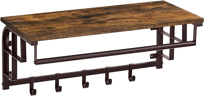 VASAGLE Wall-Mounted Coat Rack, Wall Hook Rack with Hanging Rod, Storage Shelf, Laundry Room Shelf with Hooks, for Entryway, Bathroom, Rustic Brown and Bronze ULCR13AX
