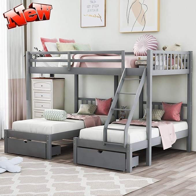 Solid Wood Full Over Twin&Twin Triple Bunk Bed with Storage Drawers and Shelf, Sturdy Bunk beds Full Over 2 Twin Size, Converts to 3 beds Frame for Kids/Adults (Gray)