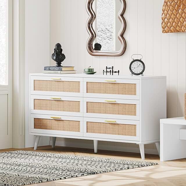 Jakoby Rattan 6 Drawer Double Dresser for Bedroom, Chest of Dressers, Natural