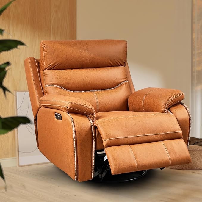 SoarFlash Swivel Rocker Recliner PU Leather Chair with Heat Ergonomic Head Adjustment, 240 Degree Swivel Single Sofa Seat Suitable for Living Room(Orange)