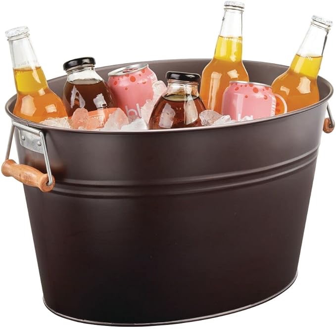 mDesign Large Metal Beverage Tub Oval Cooler for Beer, Wine, Ice, and Drinks - Portable 4.75 Gallon/18 Liter Cold Drink Trough for Parties - Steel Bin Bucket Stand with Bamboo Handles, Bronze