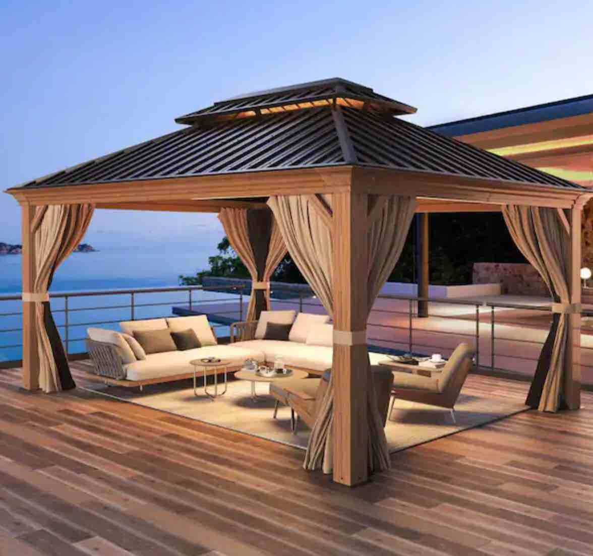 12 ft. x 14 ft. Hardtop Metal Gazebo, Wooden Finish Coated Aluminum Frame Gazebo with Galvanized Steel Double Roof