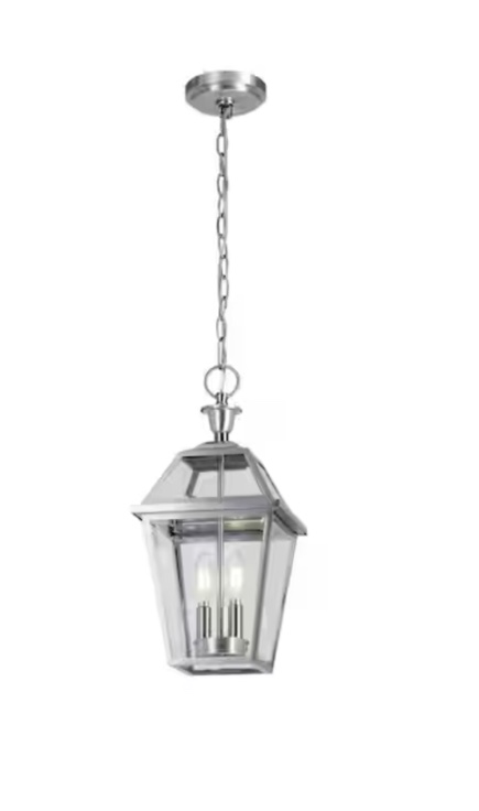 Home Decorators Collection Glenneyre 8-5/8 in. W 2-Light Stainless French Quarter Gas Style Outdoor Hanging Pendant Light with Clear Glass