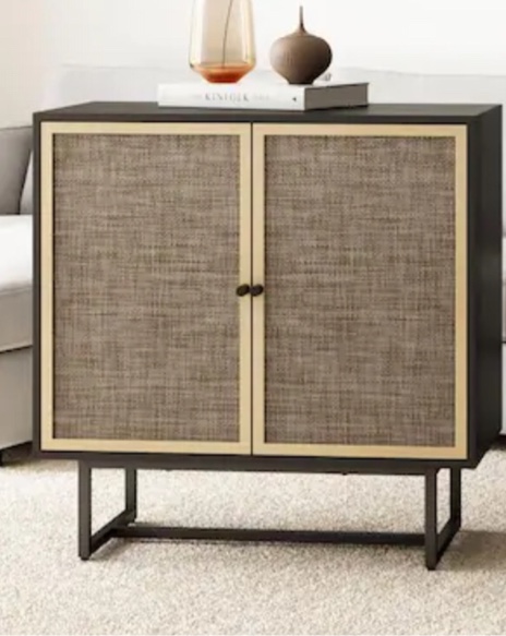 Nathan James Kova 32 in. Cane Rattan Doors Accent Cabinet with Black Metal Base and Adjustable Shelf,
