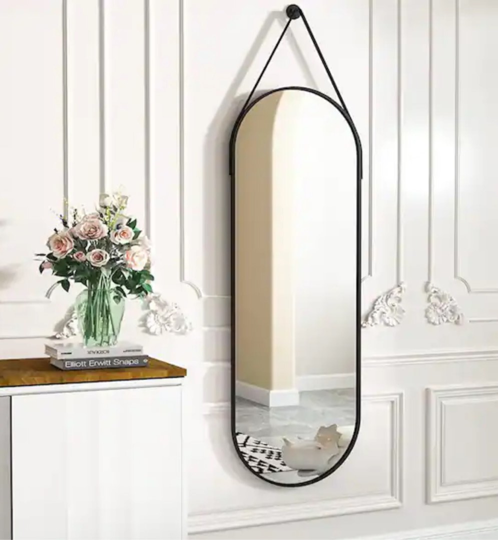 XRAMFY 16 in. W x 48 in. H Oval Black Modern Aluminum Alloy Framed Rounded Full Length Mirror Wall Mirror