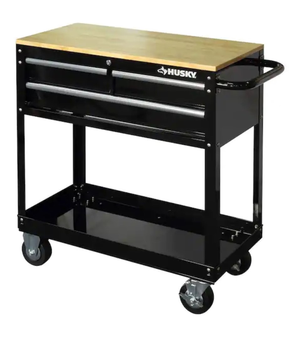 Husky 36 in. W x 17 in. D Standard Duty 3-Drawer Rolling Tool Cart with Hardwood Top in Gloss Black