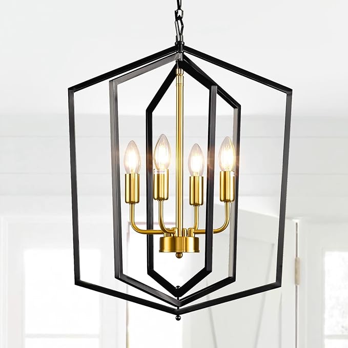 WJShome Lantern Pendant Light, 4-Light Gold Farmhouse Pendant Light, Modern Ceiling Hanging Light Fixture for Bedroom Kitchen Island Foyer Aisle Living Room Entryway Dining Room Hallway. Black+Gold